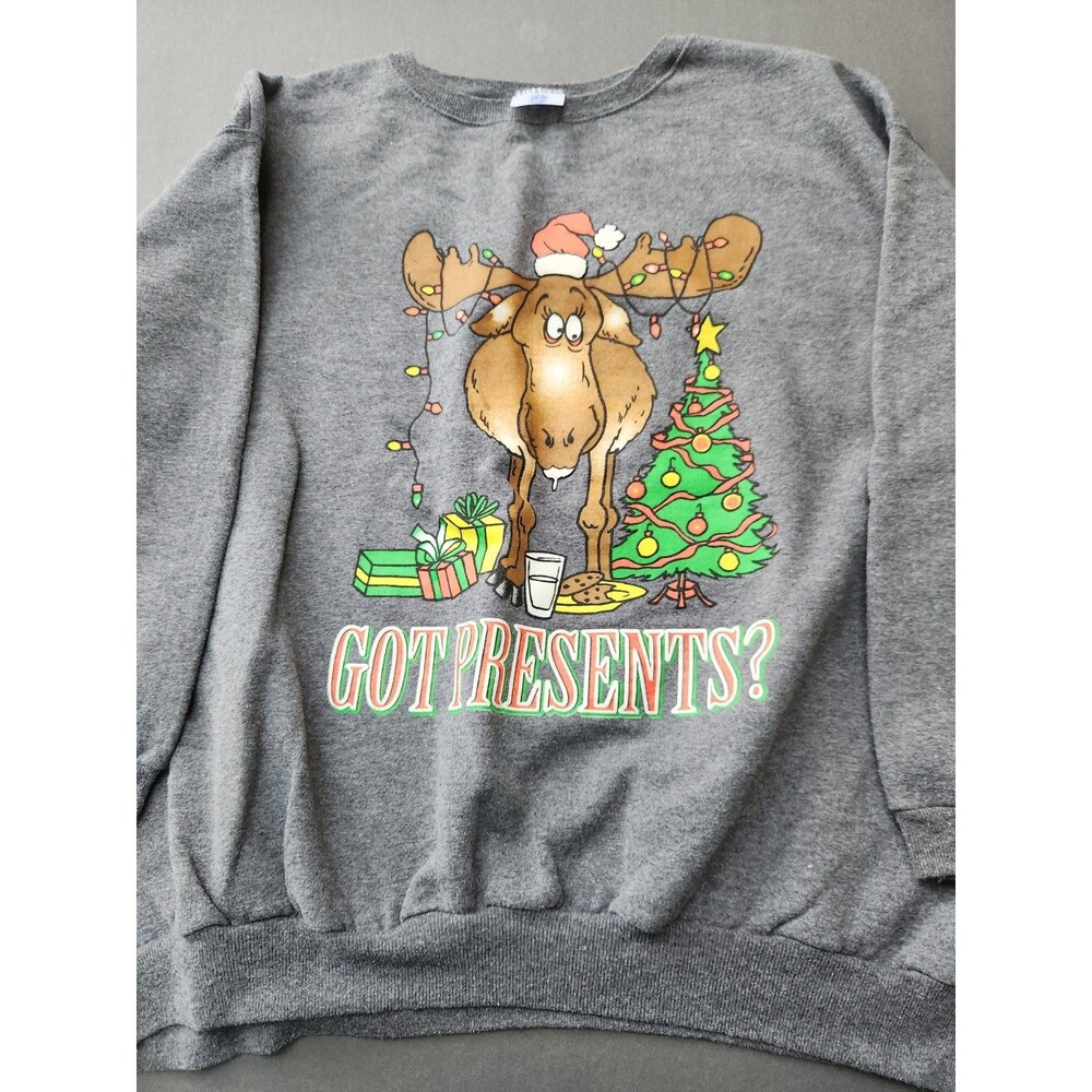 Vintage 90s Just My Size Got Presents? Christmas Moose Sweatshirt Gray 1X XL